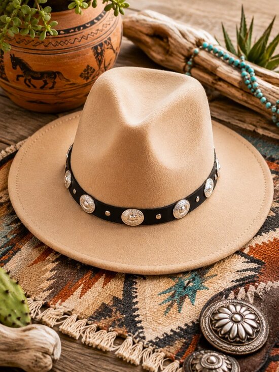 Styline Accessories - Southwestern Western Tan Felt Fedora Cowboy Hat Black Band Silver Conchos Boho